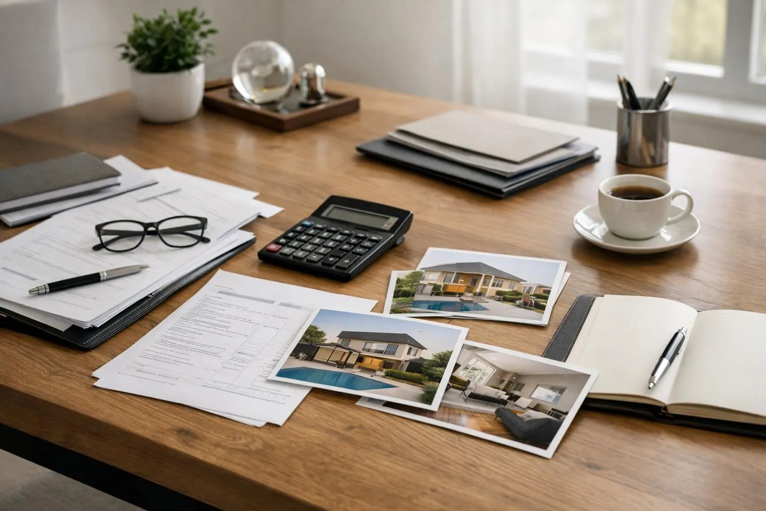 Desk with architectural plans, calculator, coffee, and office supplies.