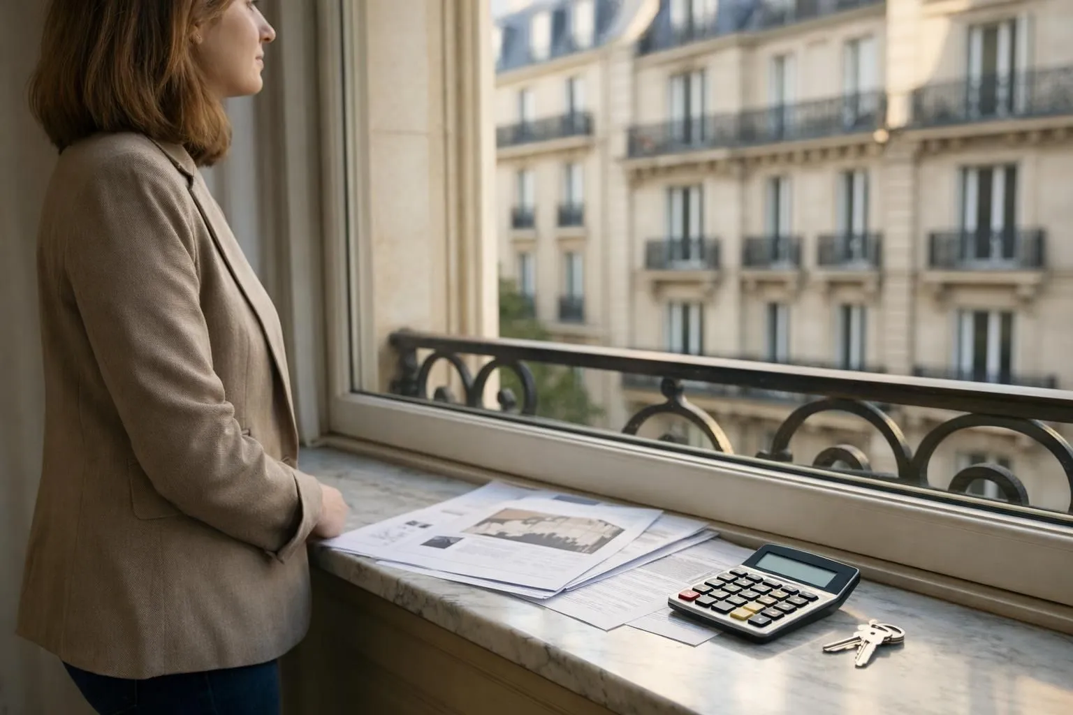 A woman gazing out a window, surrounded by financial documents and a calculator.