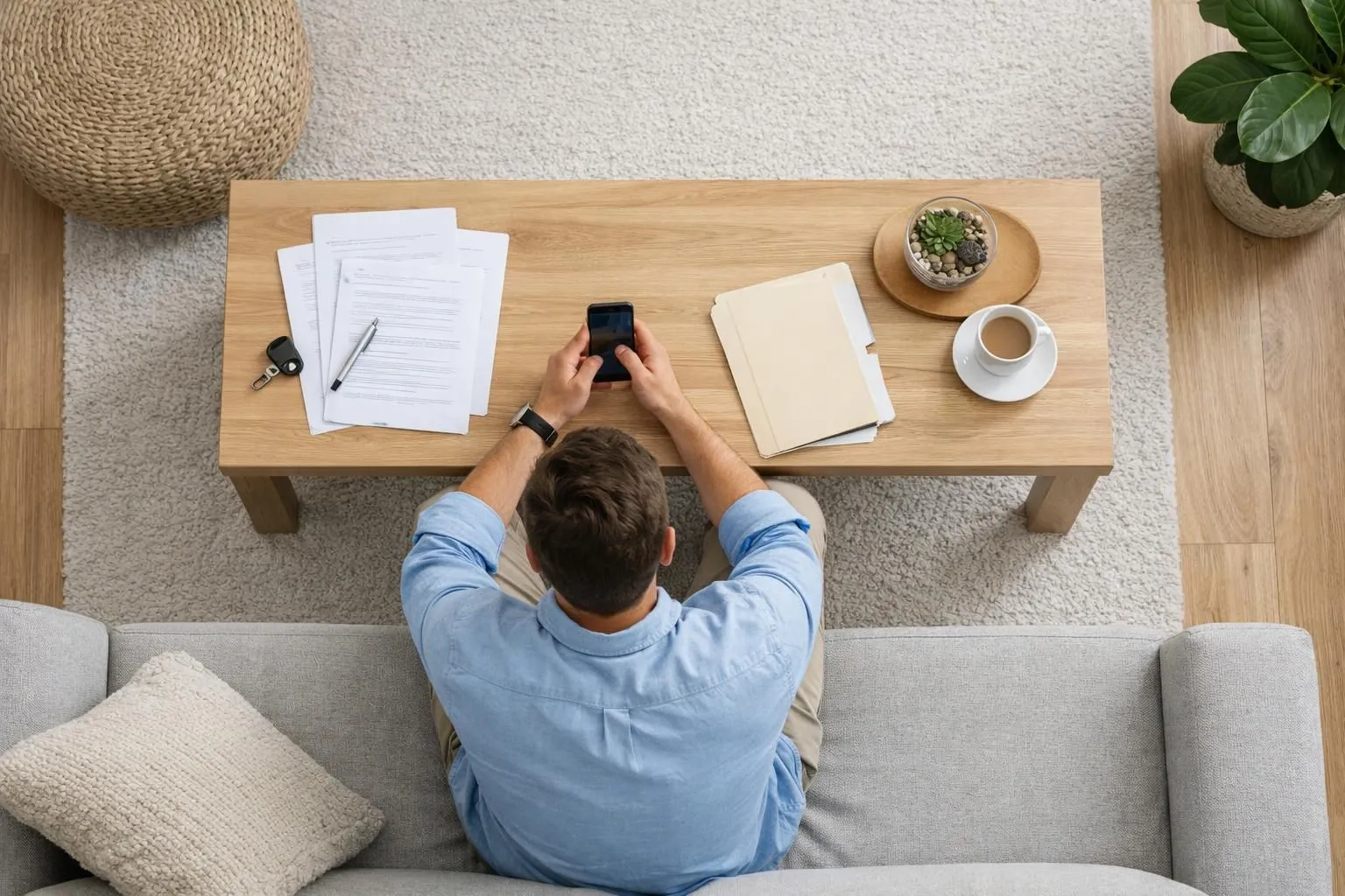 Jeune professionnel assis dans un salon moderne et lumineux, utilisant un smartphone pour finaliser une souscription d'assurance en ligne, documents sur la table basse (carte d'identité, RIB, contrat de bail), atmosphère sereine et contemporaine, lumière naturelle, décor épuré beige et blanc, plante verte en arrière-plan, ambiance digitale et rassurante