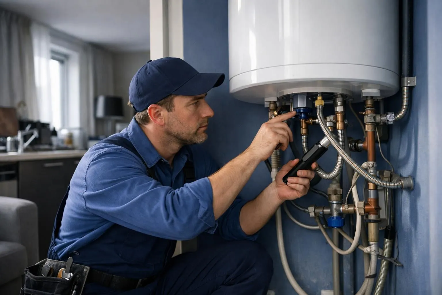 A technician in blue uniform repairing a water heater.