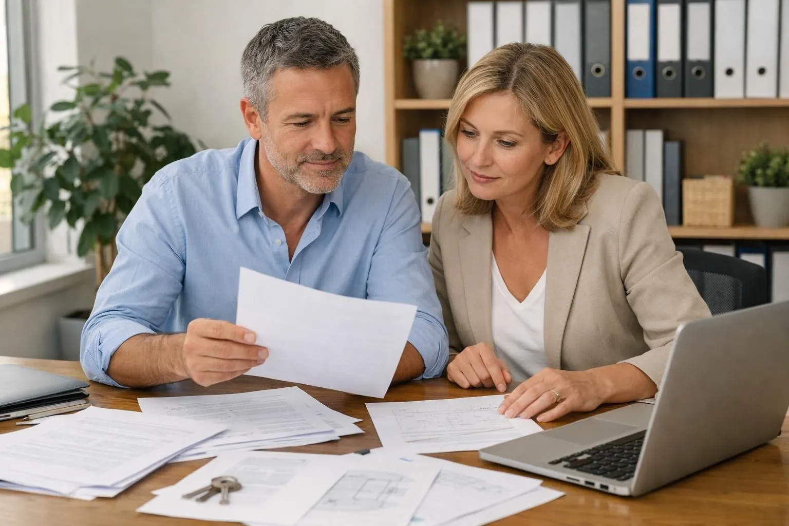 Intérieur de bureau professionnel avec table en bois clair où sont disposés trois dossiers distincts marqués de post-its colorés (bleu, vert, orange), documents officiels de SCI visibles avec cachets officiels, ordinateur portable ouvert affichant interface bancaire, couple d'investisseurs entre 35 et 50 ans côte à côte analysant les documents avec expressions concentrées, lumière naturelle entrant par fenêtre, étagère avec classeurs au fond, plantes vertes d'intérieur, ambiance professionnelle et rassurante, style photo reportage immobilier, aucun texte visible dans l'image