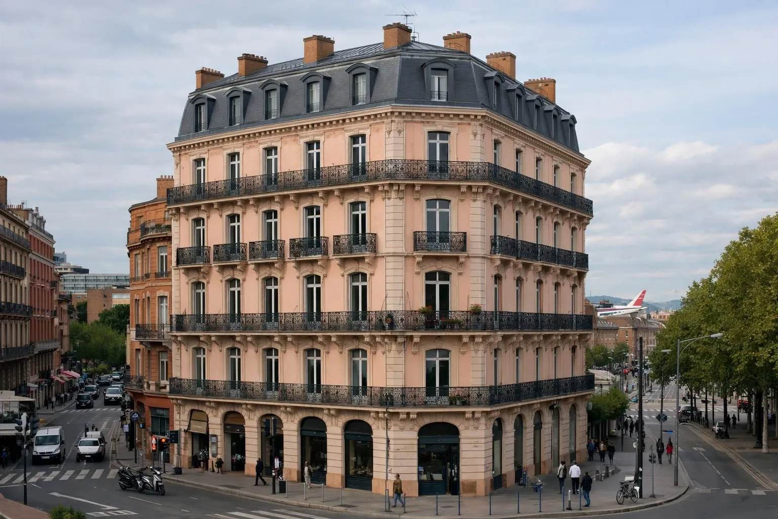 A grand, ornate Parisian building with balconies and a slate roof.