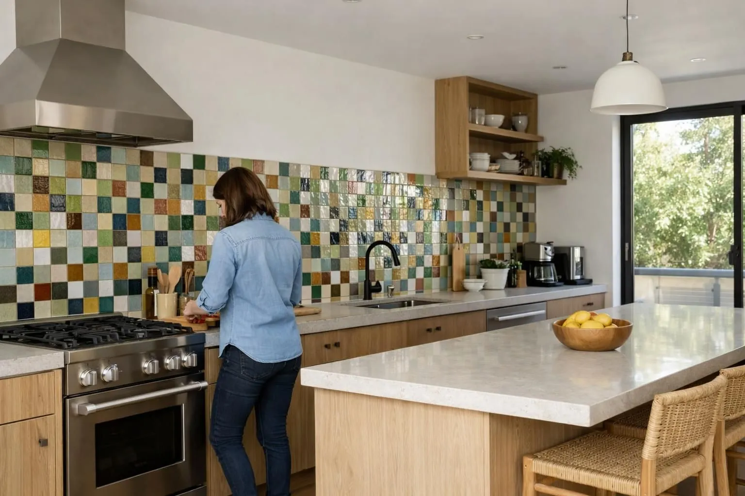 Colorful tiled kitchen with person cooking at stove.