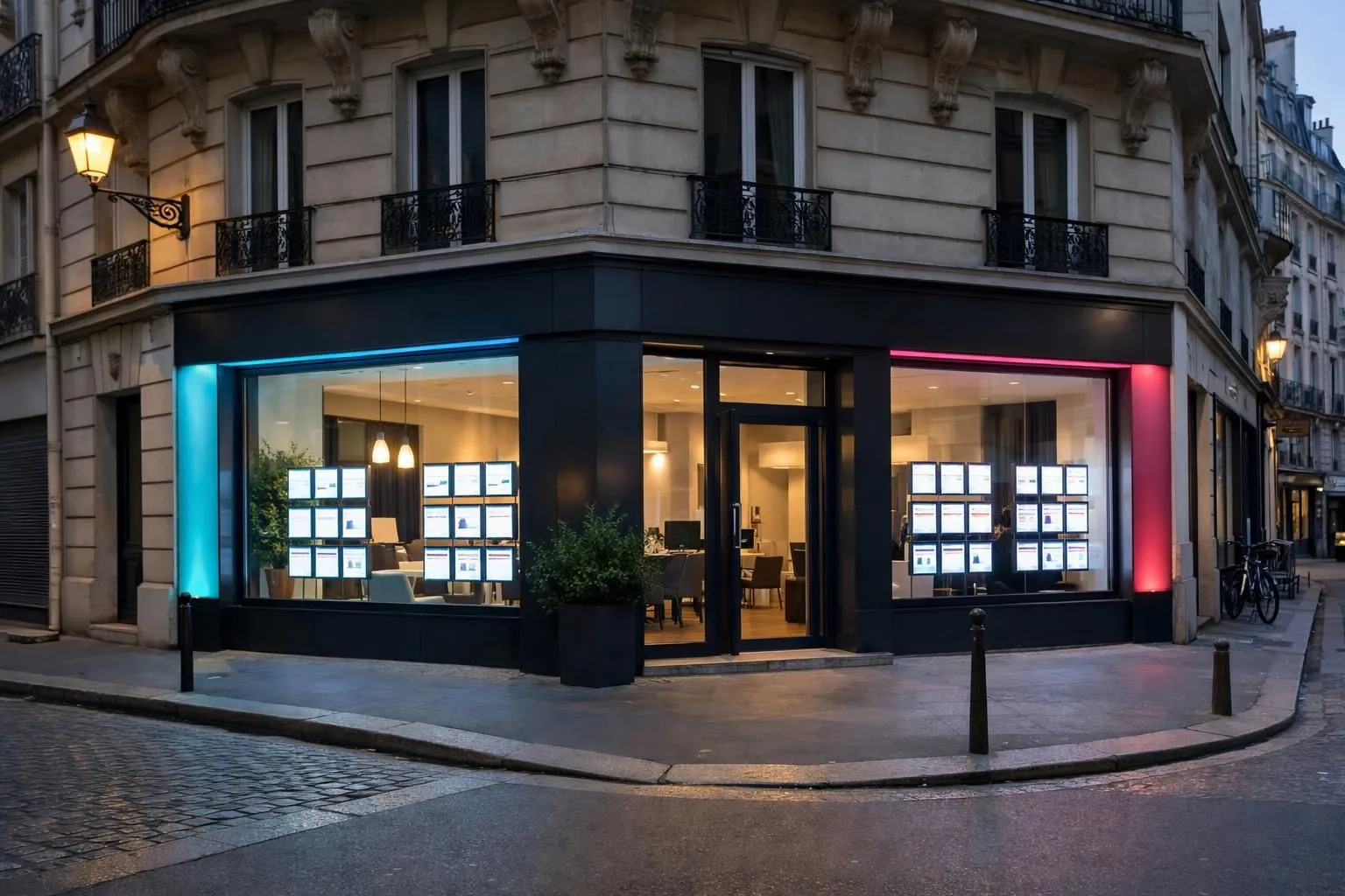 Illuminated storefront with real estate listings in Paris at night.