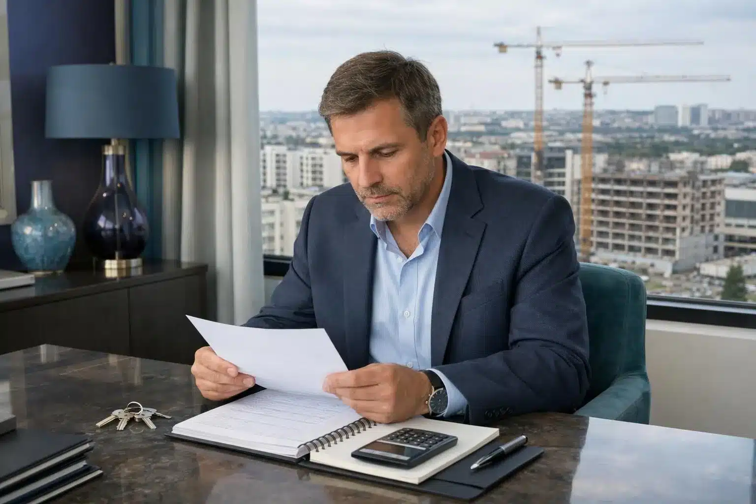 A man in a suit reviewing documents at a desk with a cityscape view.