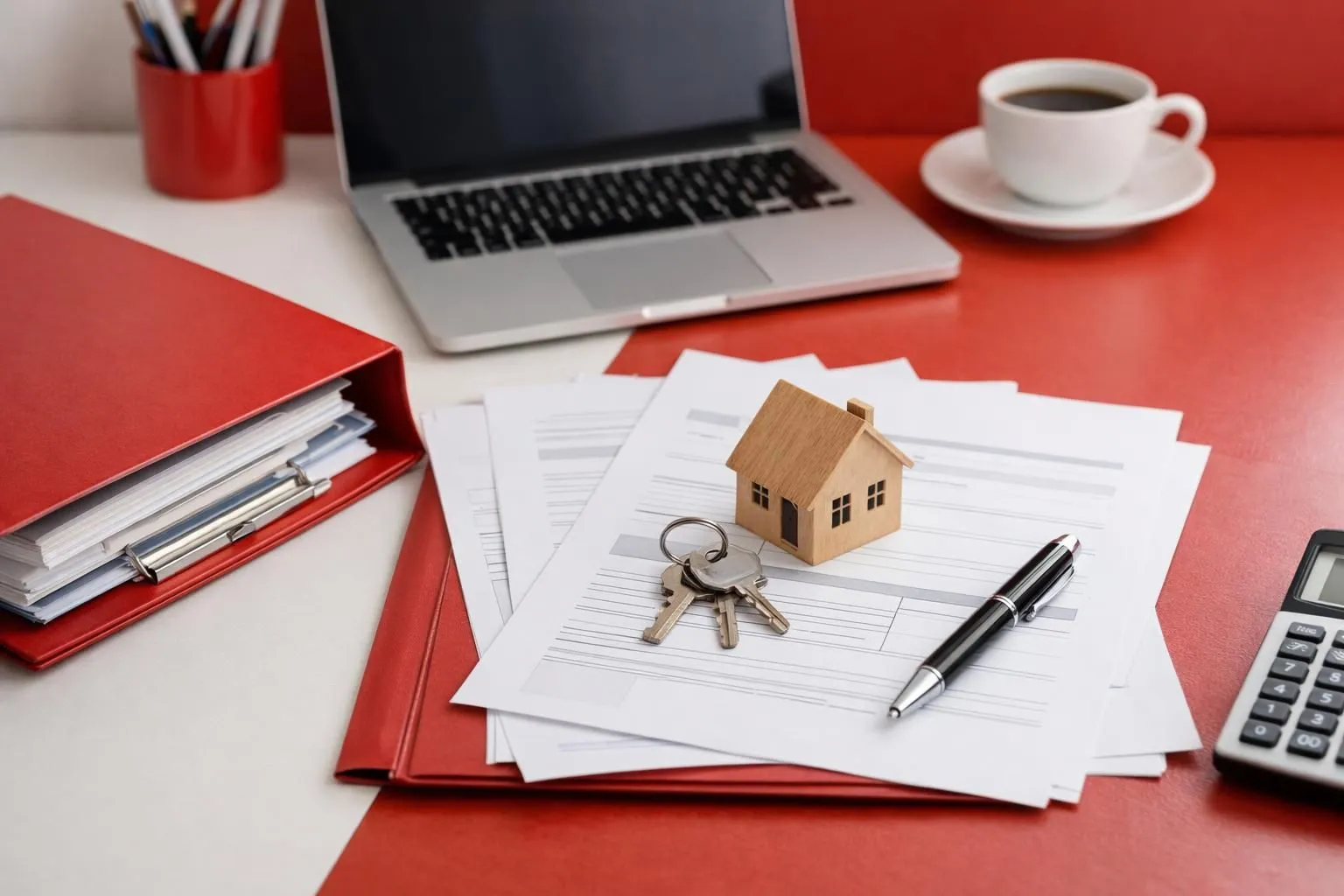 Laptop, documents, house model, keys, pen, calculator on red desk.