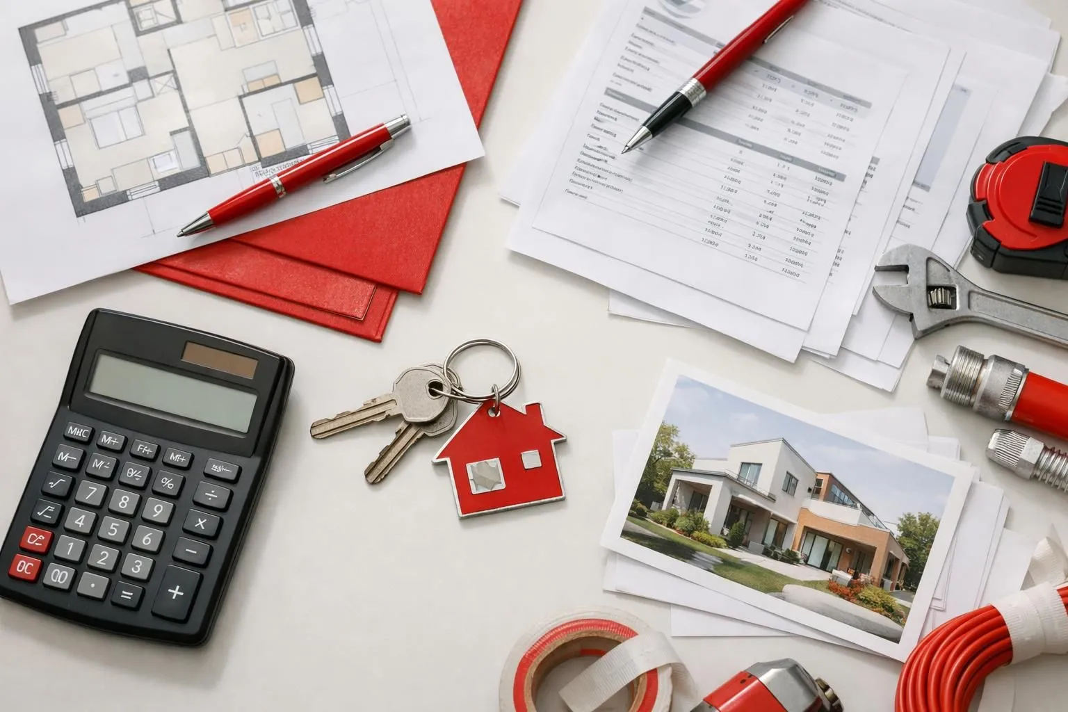 Real estate documents, calculator, house keys, and architectural plans.