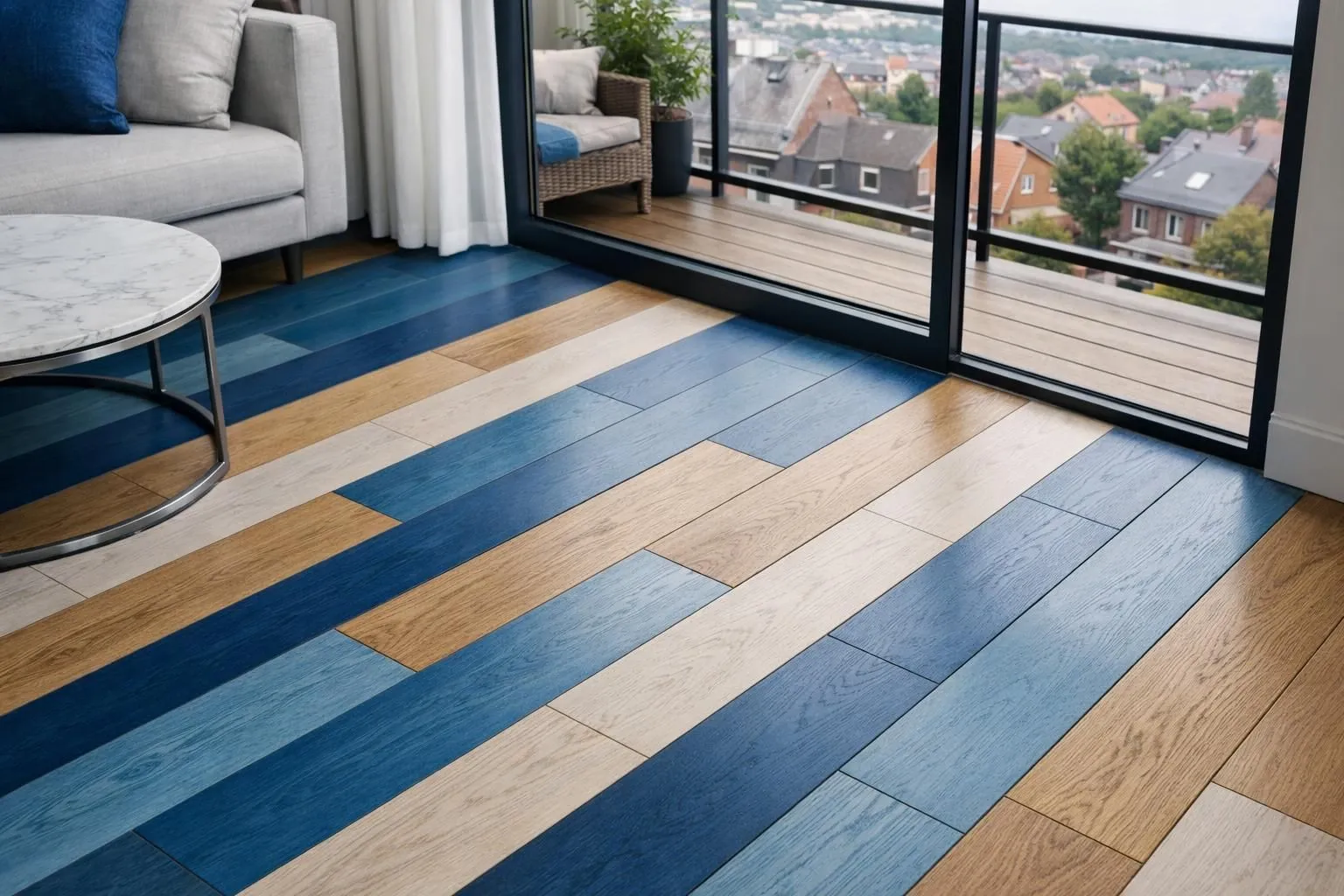 Patterned wood flooring in blue and natural tones, with a view.