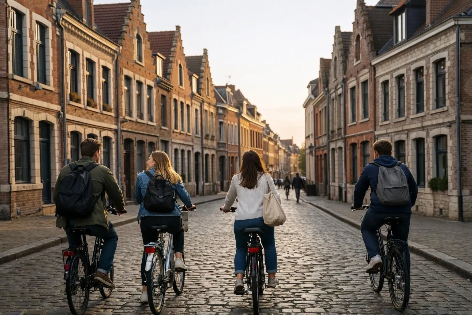 Cobblestone street, historic buildings, people cycling, casual attire, urban setting.