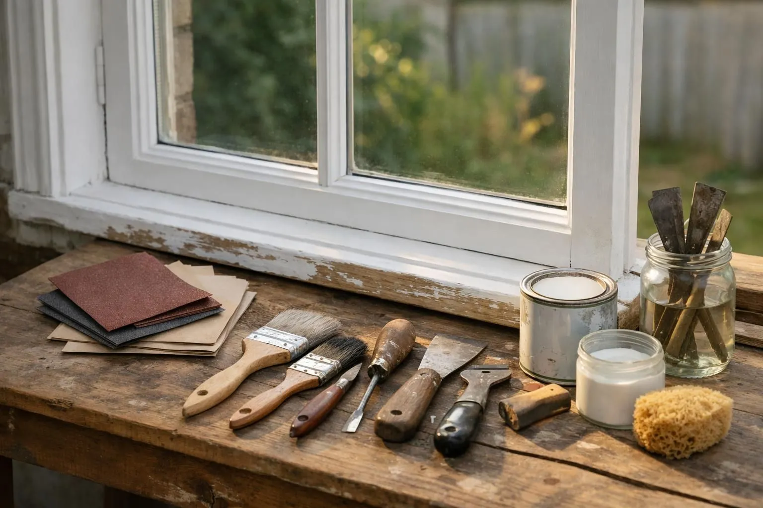 Vintage woodworking tools, paint, and materials on rustic windowsill.