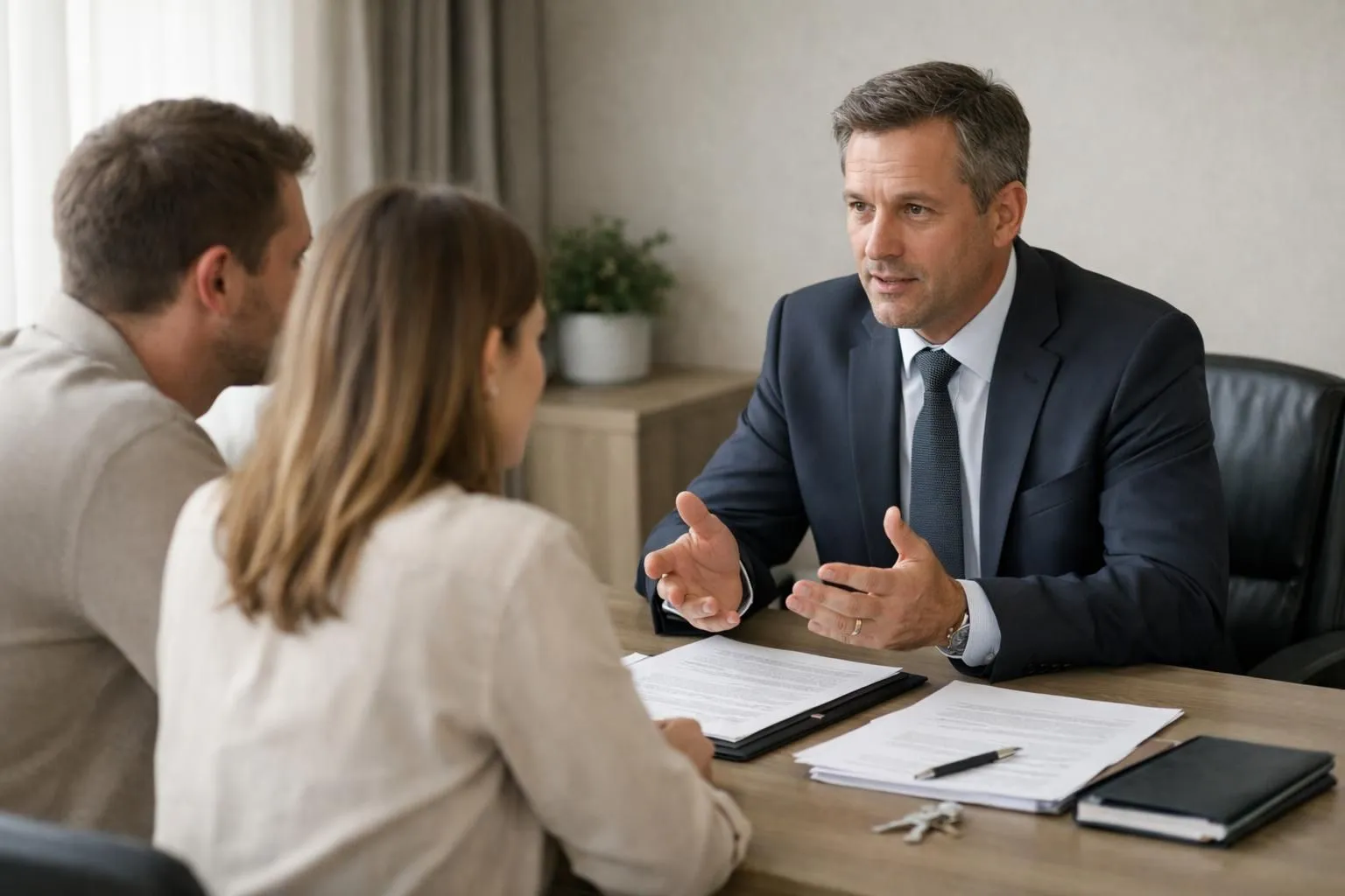 Bureau d'agence immobilière moderne à Paris, agent en costume discutant avec un couple de propriétaires trentenaires autour d'une table en bois clair, contrat et documents de tarification posés devant eux, ambiance professionnelle et légèrement tendue, lumière naturelle tamisée, tons beige et gris, scène réaliste vue de trois-quarts