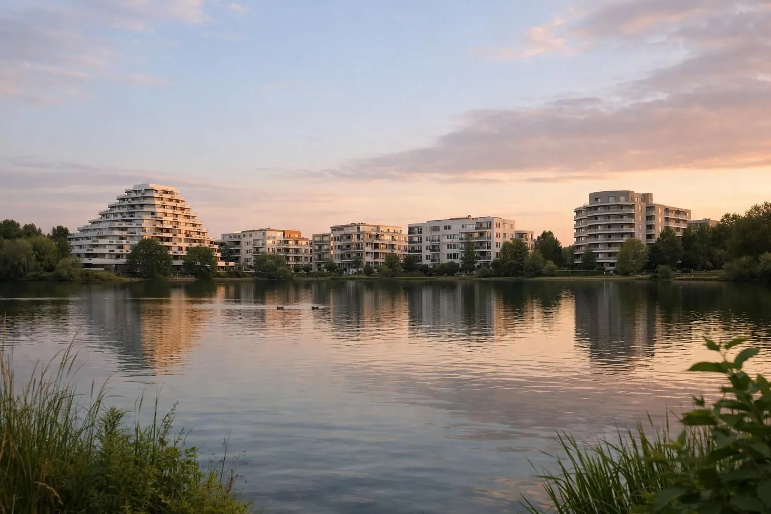 Serene lakeside with modern apartment buildings at sunset.