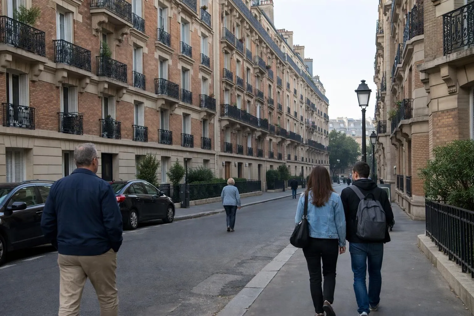 Pedestrians walking along a Parisian street lined with historic buildings.