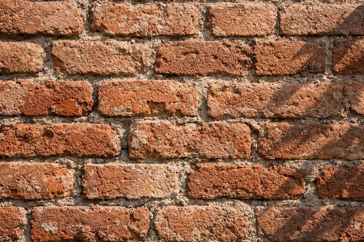 Weathered, textured brick wall with varying shades of red.
