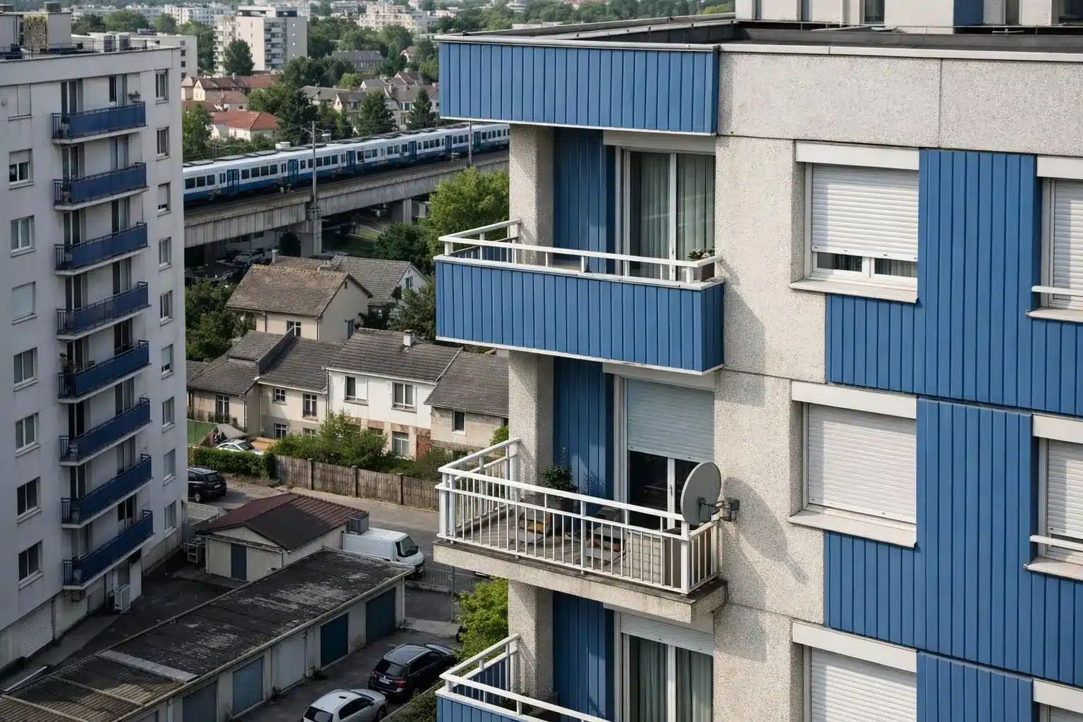 Residential buildings, train tracks, balconies, and parked vehicles in an urban setting.