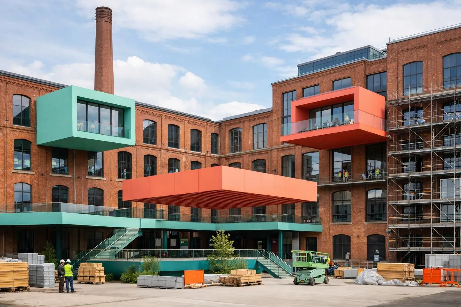Renovated brick industrial building with modern architectural additions.
