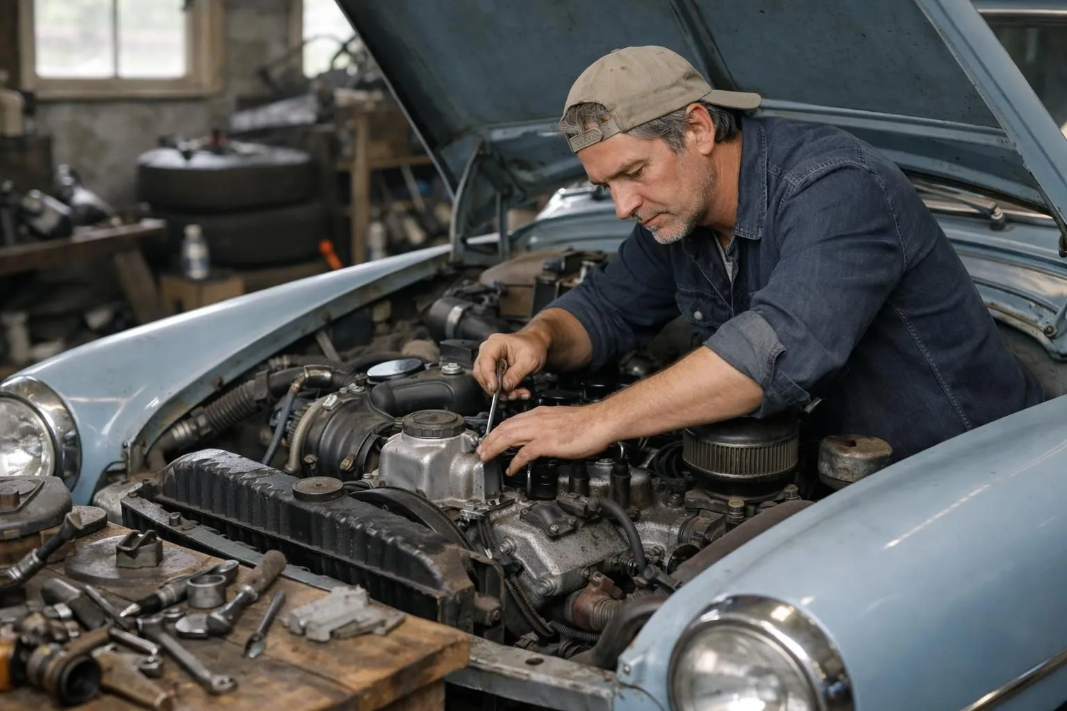 Mechanic repairing an old car engine in a workshop.