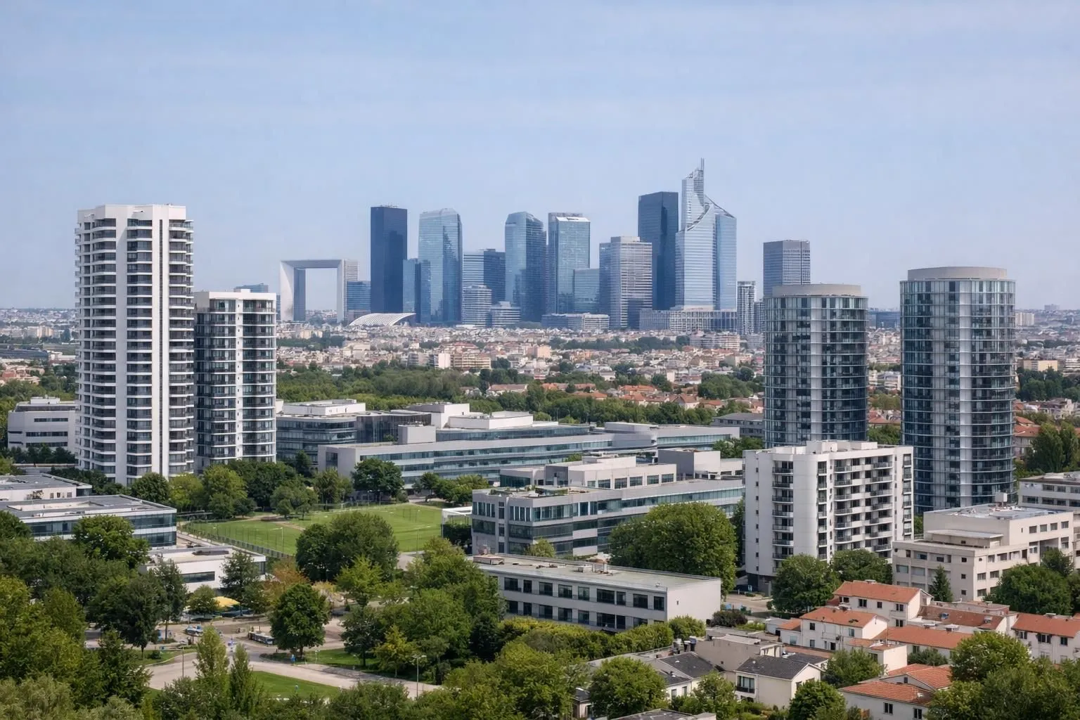 Towering skyscrapers, lush greenery, and a vibrant urban landscape.