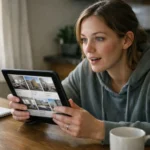 Jeune adulte souriant, consultant des annonces immobilières sur tablette. L'achat d'un appartement sans apport personnel devi