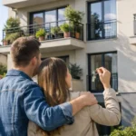 Investissement locatif Île-de-France, couple heureux devant leur appartement