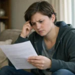 Assurance locataire obligatoire ou non, un jeune adulte préoccupé examine son contrat de location dans son salon.