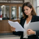 "Femme d'affaires devant tribunal commerce avec documents et ordinateur, démarche déclaration LMNP greffe"