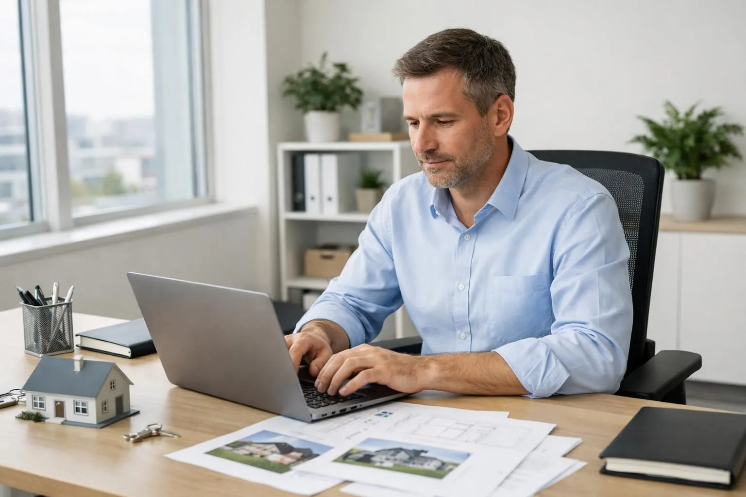Professionnel comptable dans un bureau lumineux moderne, travaillant sur ordinateur portable avec documents immobiliers ...