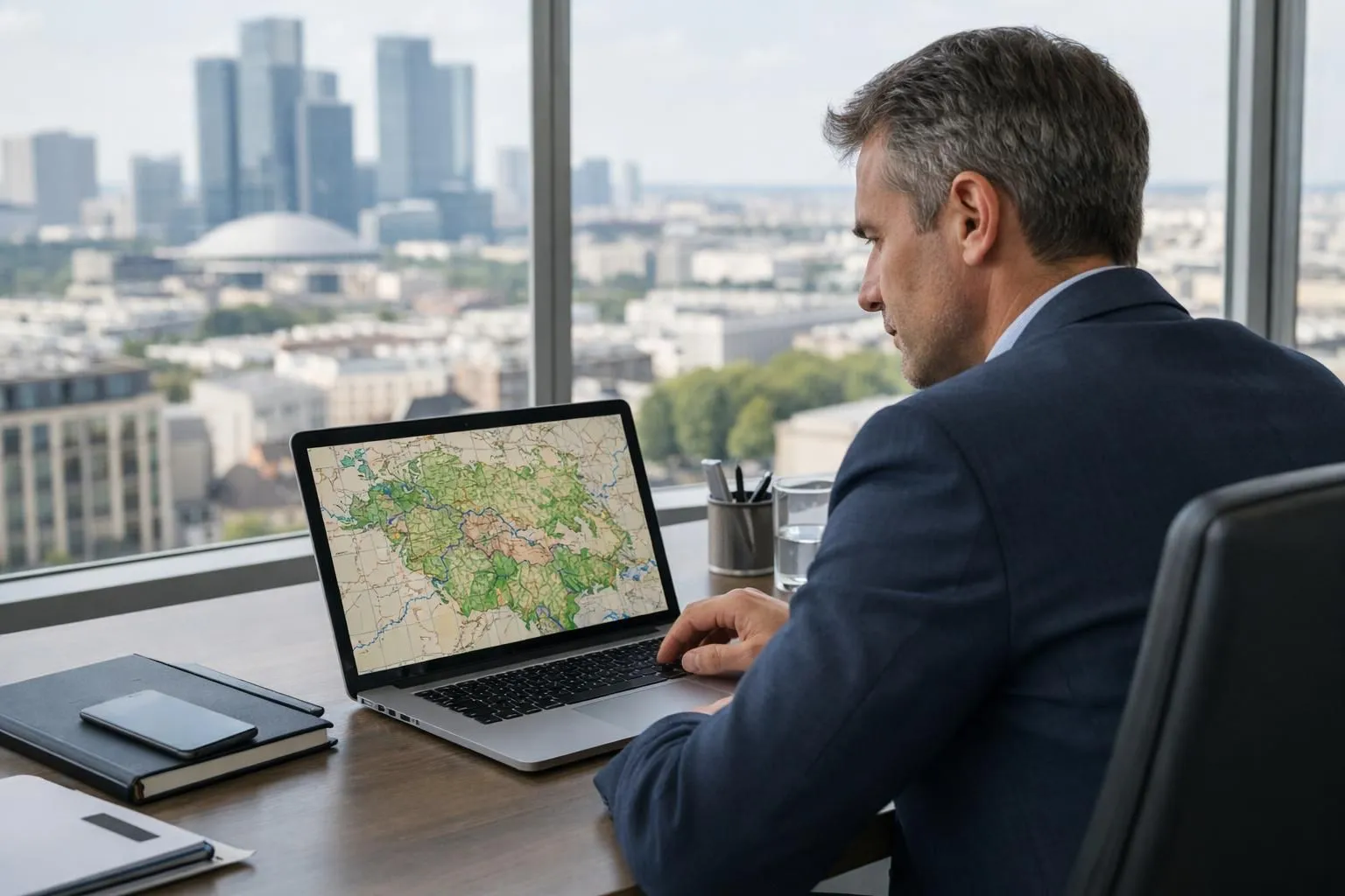 Investisseur trentenaire analysant une carte détaillée de l