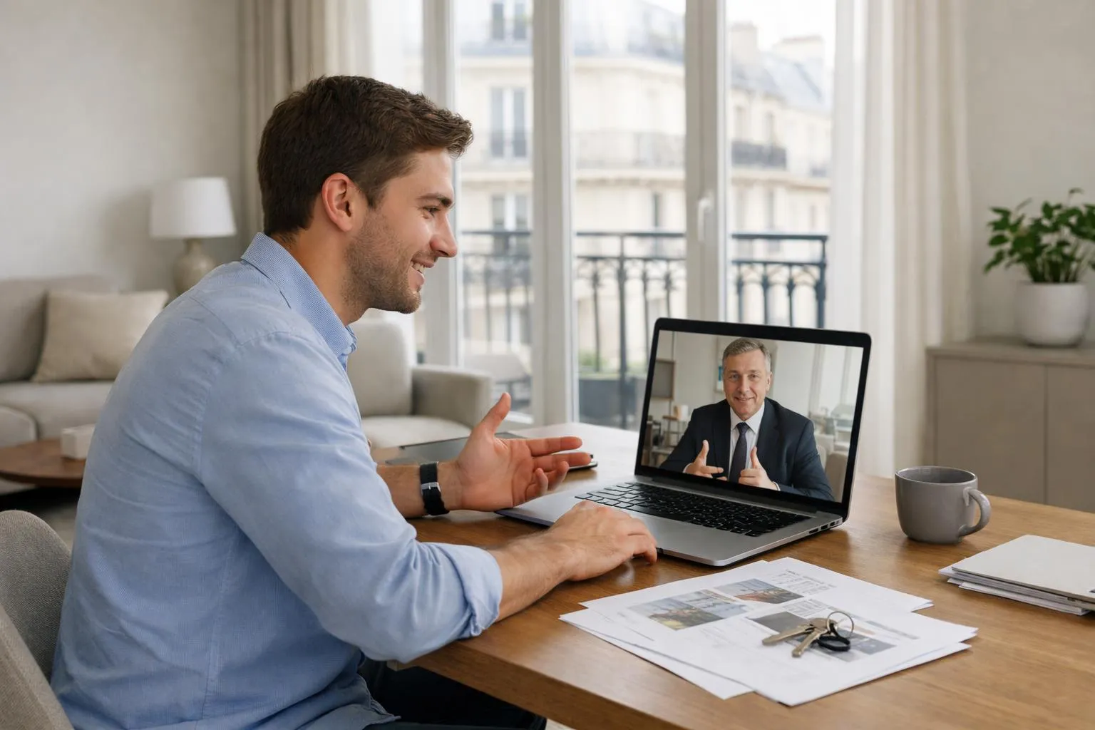 Young professional in modern French apartment interior, sitting at wooden desk with laptop and real estate documents, discussing with bank advisor via video call on screen, bright natural light through large windows, contemporary minimalist decor with beige and grey tones, confident and optimistic atmosphere