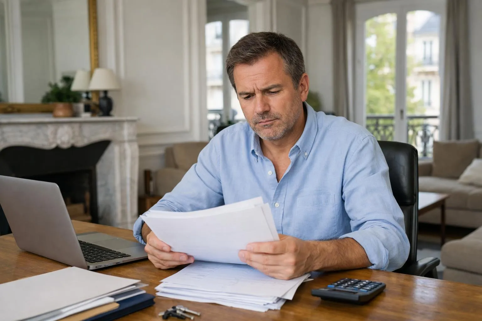 Scène réaliste d'un propriétaire bailleur français dans la cinquantaine assis à son bureau à domicile, consultant des documents de gestion locative et un contrat de bail. Sur la table: courriers recommandés, calculatrice, calendrier marquant des échéances de loyer. Appartement haussmannien lumineux en arrière-plan avec parquet et moulures. Ambiance professionnelle mais légèrement préoccupée, lumière naturelle douce, couleurs neutres beige et gris. Style photo réaliste éditoriale pour magazine immobilier, aucun texte visible.