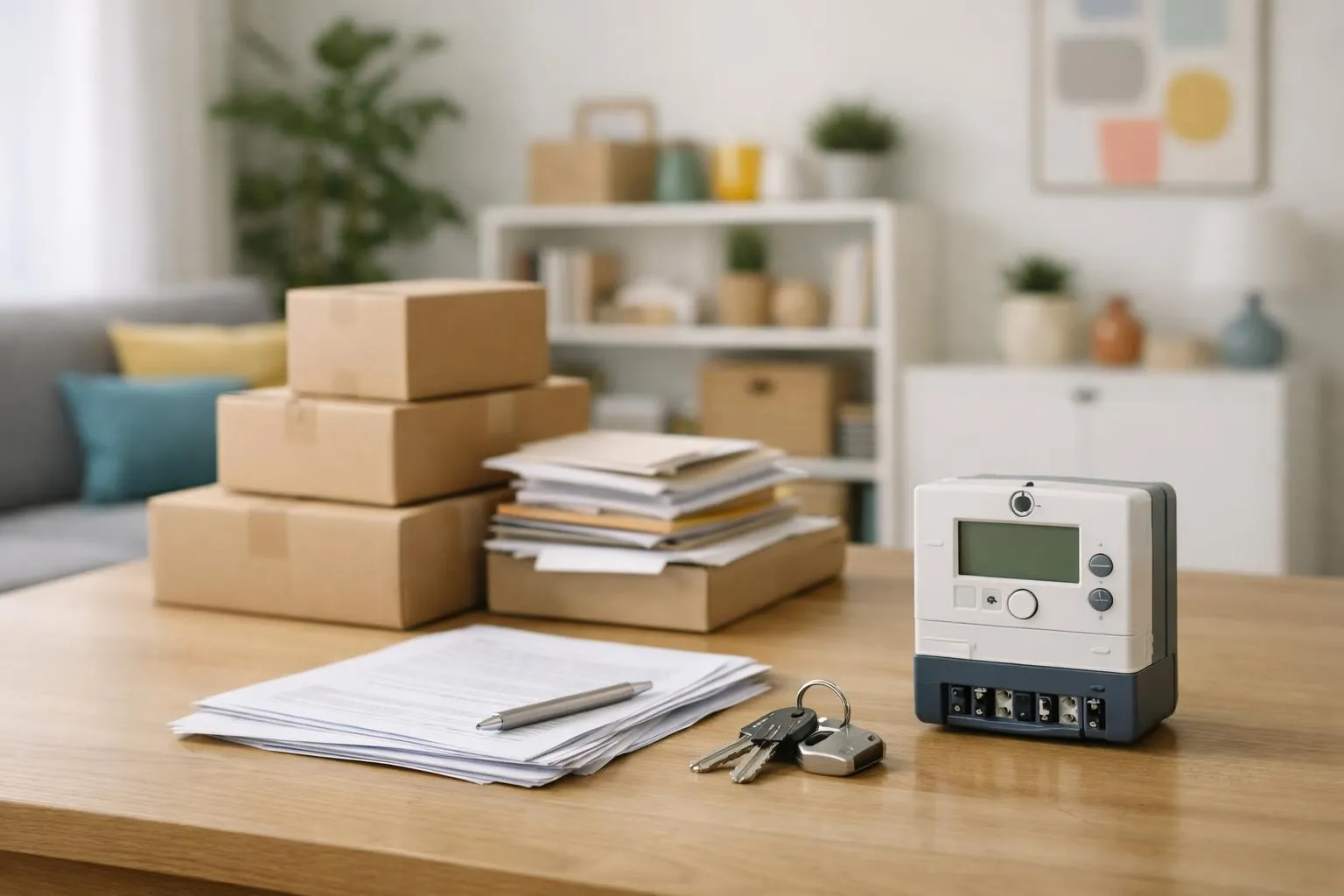 Cardboard boxes, documents, and a thermostat on a wooden table.