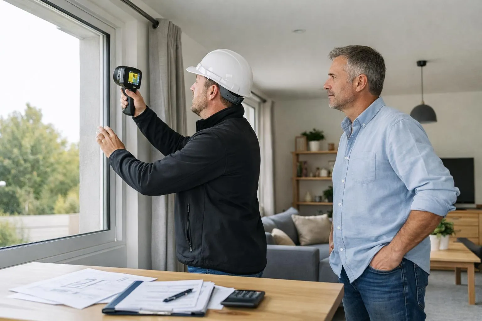 Professionnel de l'audit énergétique inspectant l'isolation d'une maison française avec une caméra thermique, propriétaire présent observant l'analyse, intérieur résidentiel moderne avec documents techniques sur table, ambiance professionnelle et rassurante, lumière naturelle douce, style photo reportage immobilier réaliste