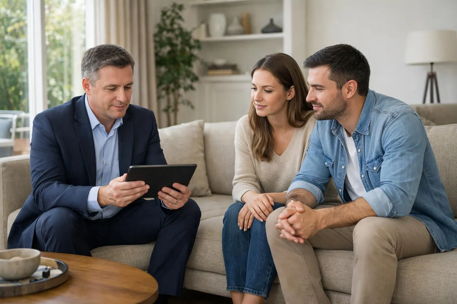 Vue intérieure d'un salon moderne français avec agent immobilier professionnel analysant des documents d'estimation sur une tablette, accompagné d'un couple de propriétaires attentifs assis sur un canapé beige. Sur la table basse en bois clair : dossier ouvert avec graphiques de marché immobilier, calculatrice, clés d'appartement. Décor haussmannien élégant avec moulures, parquet chevron, lumière naturelle douce filtrant par de grandes fenêtres. Ambiance rassurante et professionnelle, couleurs neutres (blanc cassé, gris perle, bois naturel). Photo réaliste style magazine immobilier, aucun texte visible.