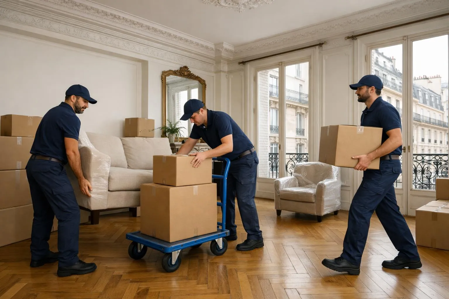 Professional moving team in work uniforms clearing furniture and cardboard boxes from a Parisian Haussmannian apartment interior with high ceilings, ornate moldings, and herringbone parquet flooring, natural daylight streaming through tall windows, modern moving trolley visible, realistic documentary photography style, warm neutral tones