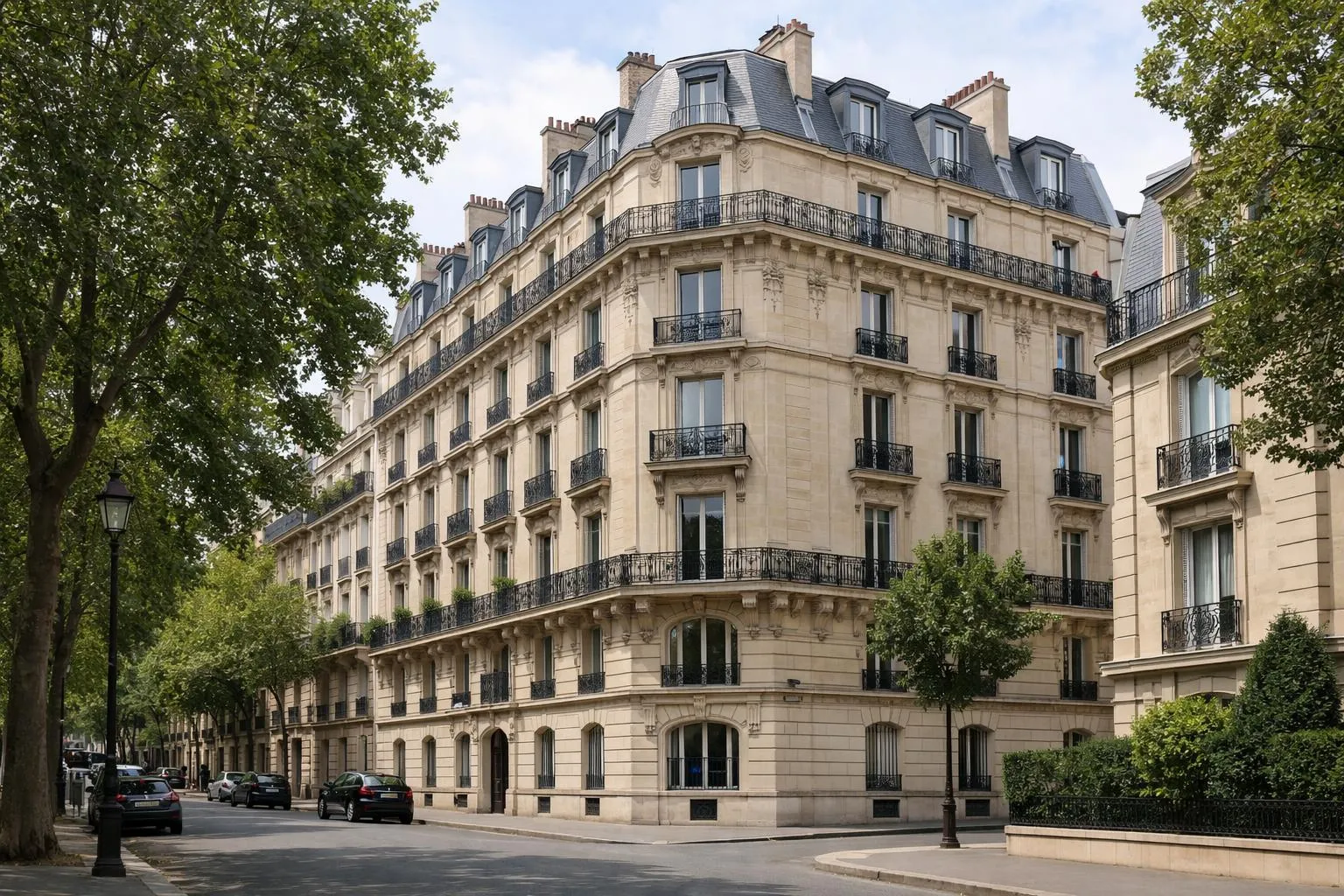 Immeuble haussmannien parisien typique avec balcons en fer forgé, façade beige claire sous lumière naturelle, rue calme avec arbres, atmosphère professionnelle et rassurante pour l'investissement locatif, pas de texte visible