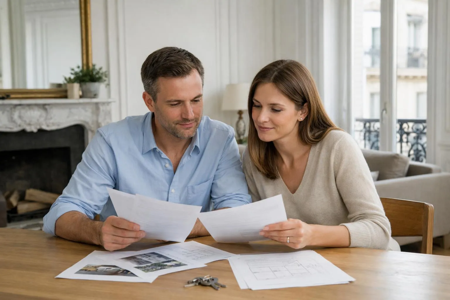 Intérieur d'appartement haussmannien lumineux avec salon moderne, jeune couple entre 30 et 40 ans assis à une table en bois clair, examinant des documents immobiliers et un contrat de location, ordinateur portable ouvert, ambiance sereine et professionnelle, lumière naturelle par grandes fenêtres, couleurs neutres beige et blanc, scène réaliste illustrant la gestion locative et l'assurance habitation en France, aucun texte visible.