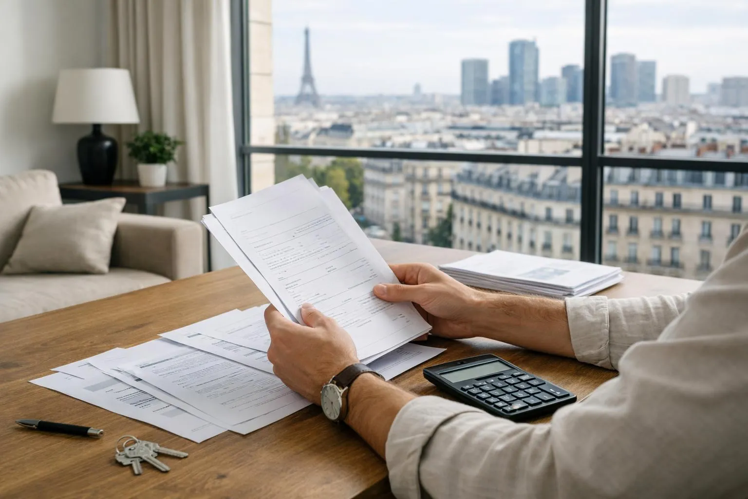 Interior of a modern French apartment with someone reviewing rental investment documents at a wooden desk, with a city skyline visible through the window showing medium-sized urban buildings, natural daylight, professional atmosphere with rental agreement papers and calculator, warm neutral tones with beige and grey, realistic photography style for real estate magazine