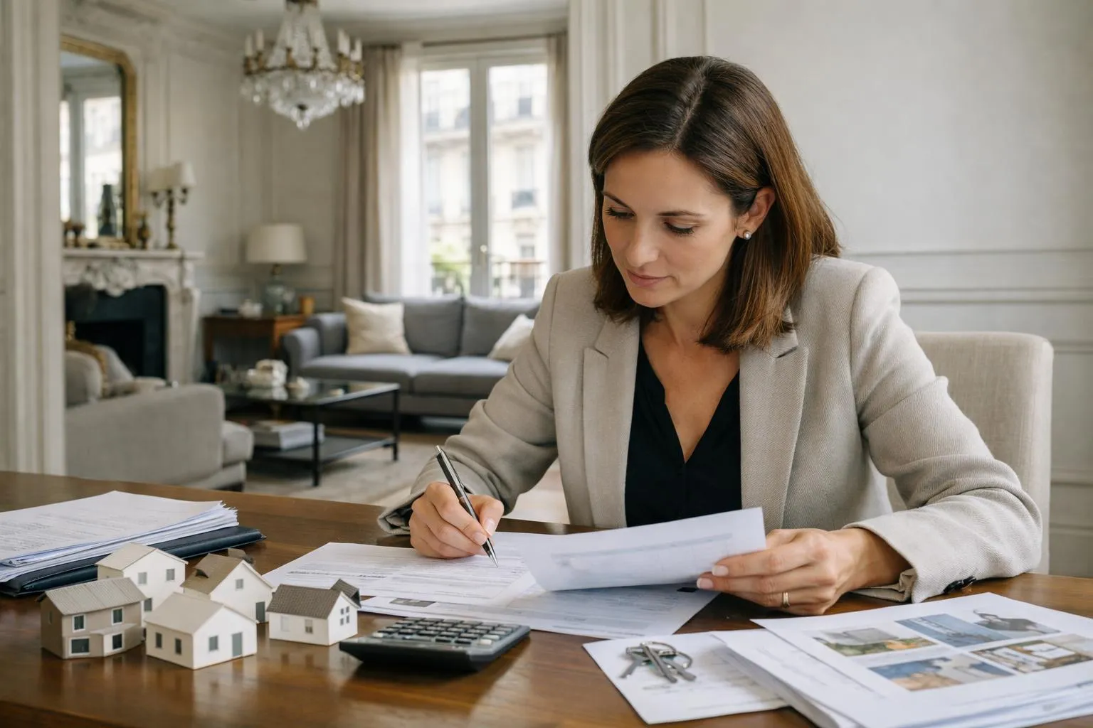 Scène réaliste dans un appartement parisien lumineux: bureau élégant avec ordinateur portable affichant un tableau de données financières, documents immobiliers étalés (bulletins de revenus SCPI, déclarations fiscales), calculatrice, stylo. Au second plan, salon haussmannien avec parquet en bois, moulures blanches, fenêtres laissant entrer la lumière naturelle. Personne entre 40 et 55 ans, chemise décontractée, analyse sereinement les papiers, attitude concentrée mais confiante. Ambiance professionnelle et chaleureuse, tons beige, blanc cassé, bois clair. Lumière douce de fin d'après-midi. Pas de texte visible, pas de logo, pas de chiffres lisibles sur les documents.
