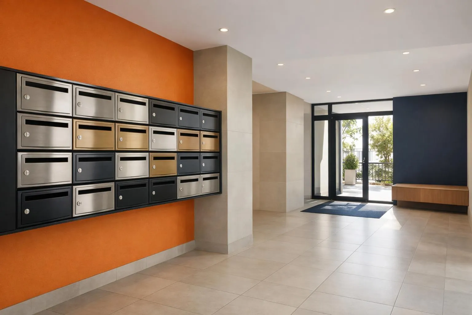 Modern French residential building entrance with row of elegant mailboxes featuring various personalized nameplates in different materials (aluminum, brass, stainless steel), natural daylight streaming through entrance door, clean architectural interior with tiled floor, professional real estate photography style, realistic scene, neutral beige and grey tones, no text visible in image