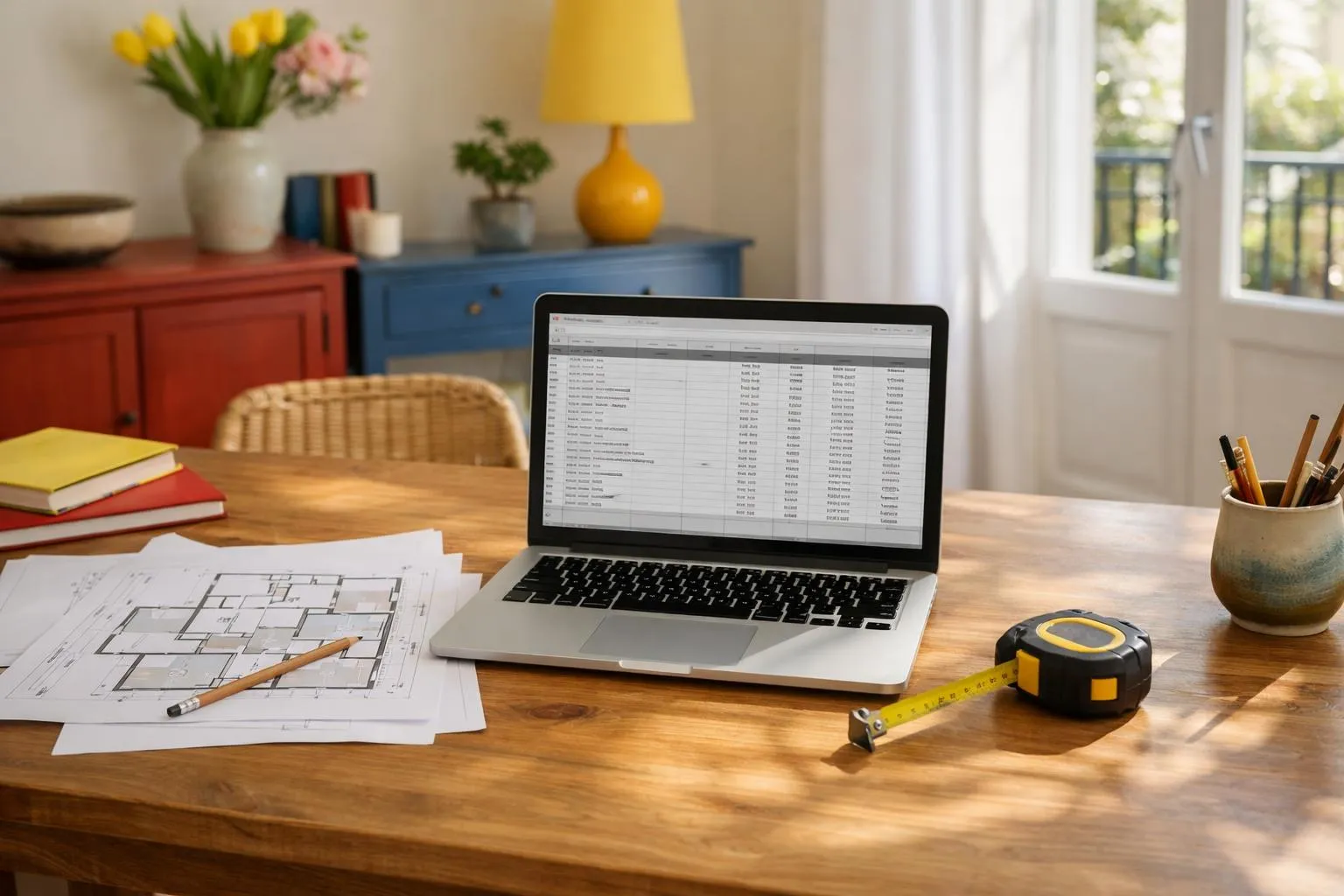 Laptop screen displaying renovation cost breakdown spreadsheet with calculator and measuring tape on wooden desk, apartment floor plans visible, natural daylight through window, realistic French interior setting, professional home improvement planning scene, beige and white tones, no text visible