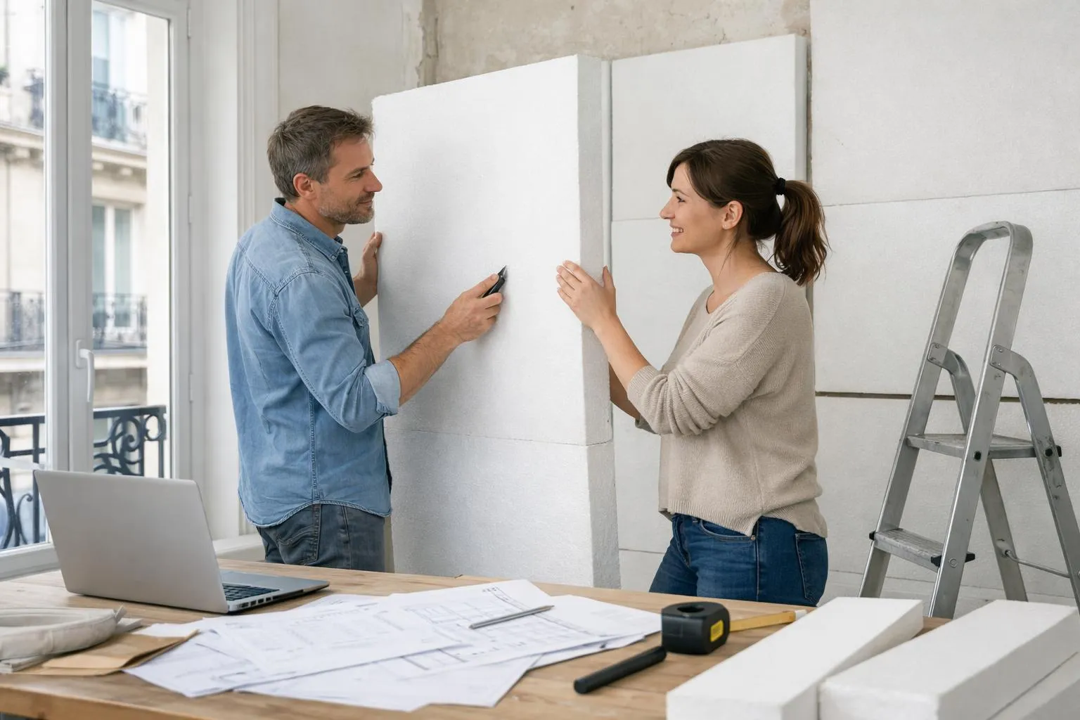 Intérieur d'appartement parisien haussmannien en cours de rénovation énergétique, murs partiellement isolés avec panneaux isolants blancs visibles, couple de propriétaires dans la trentaine consultant des devis et plans techniques sur une table d'appoint, rouleaux d'isolant posés au sol, lumière naturelle diffuse traversant une fenêtre à moulures, ambiance professionnelle et confiante, tons neutres beige et blanc, style photo réaliste éditoriale sans texte ni logo