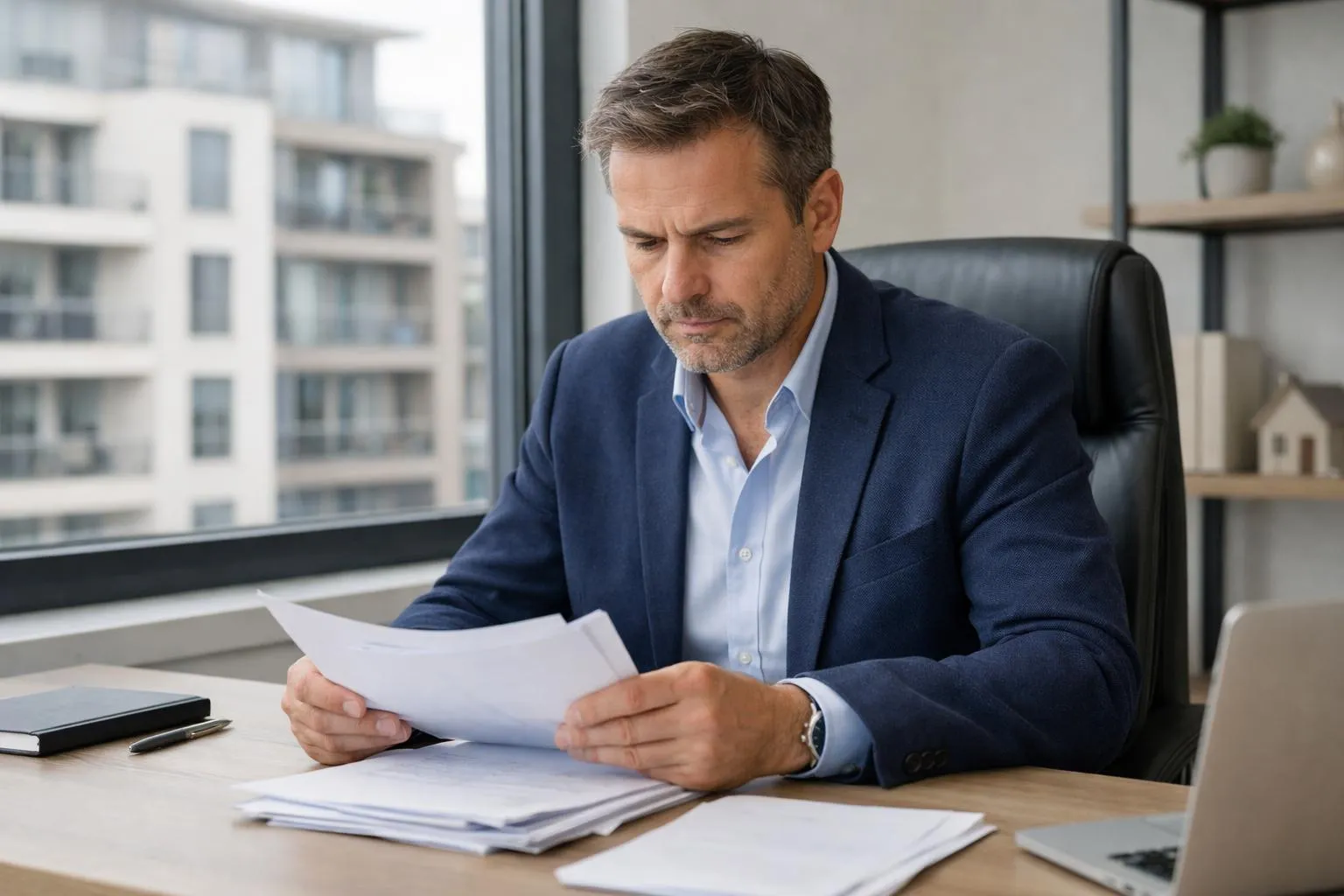 Homme d'affaires concentré examinant des documents sur son bureau.