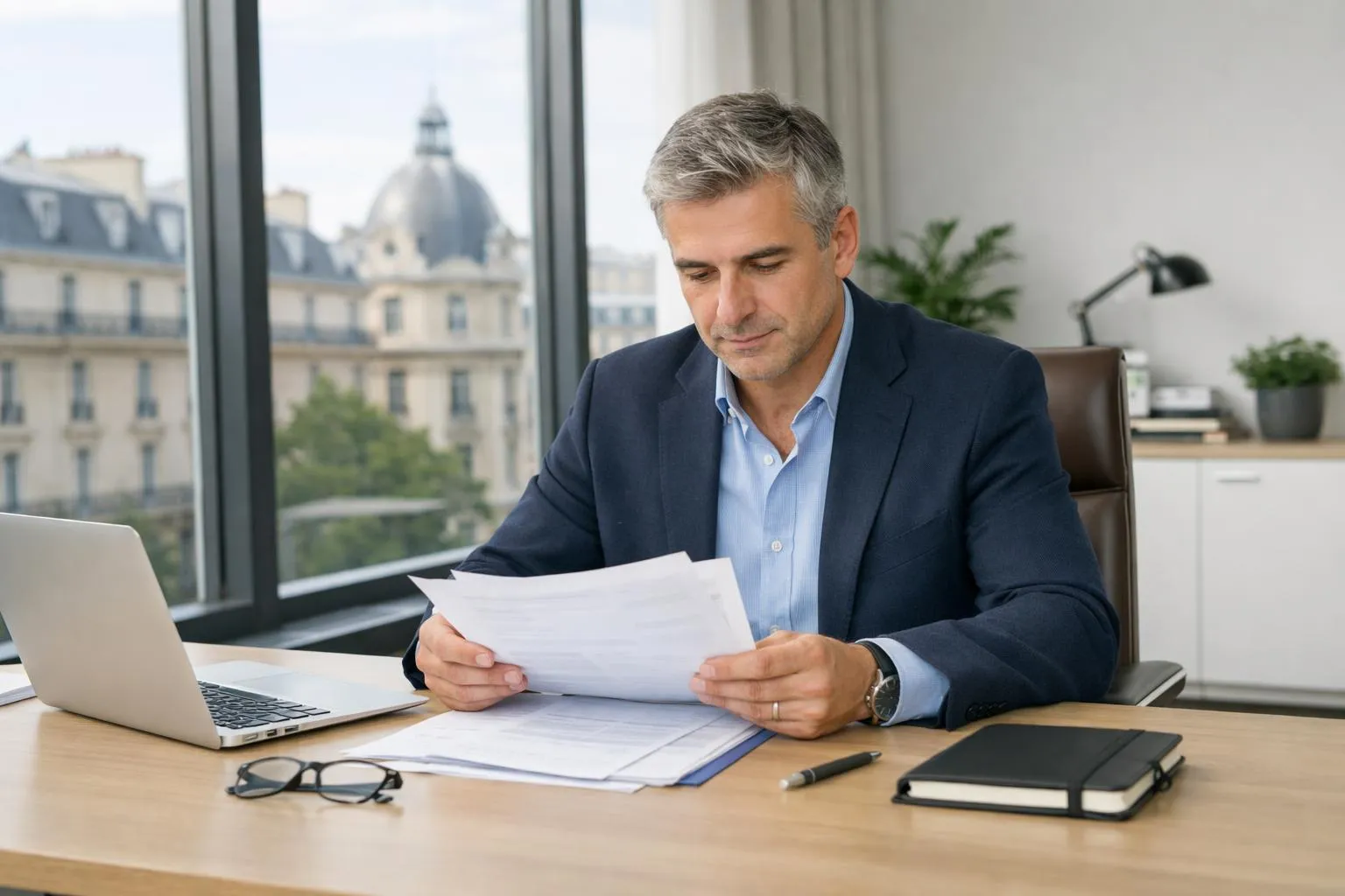 Homme d'affaires concentré examinant des documents dans un bureau avec vue sur la ville.