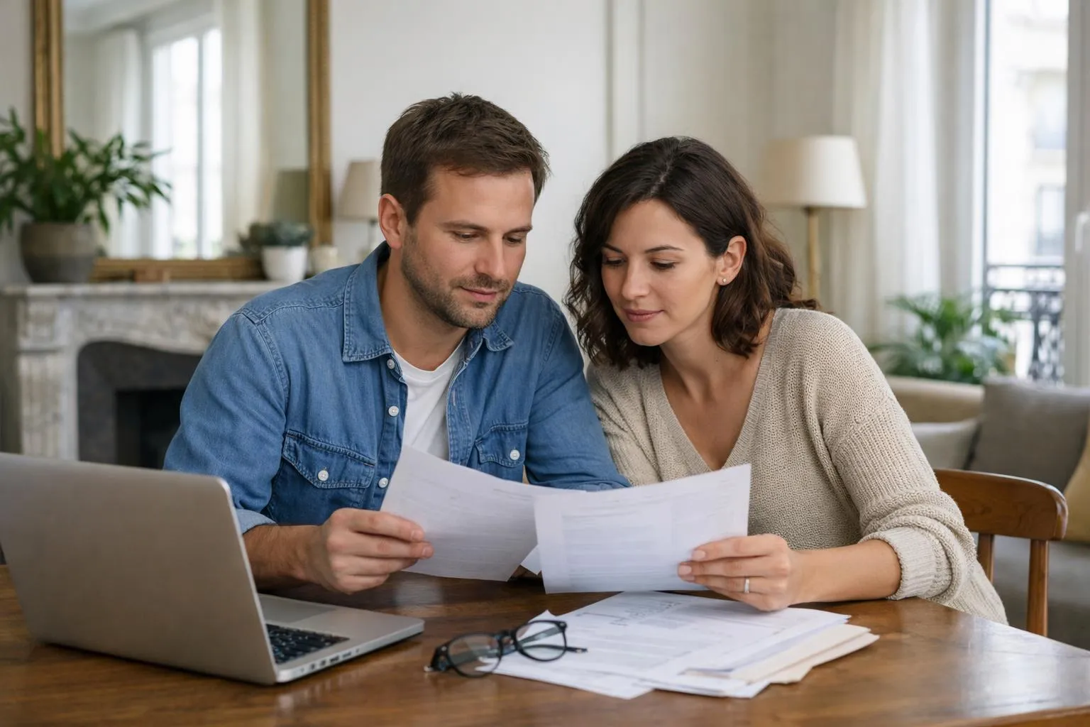 Couple examinant des documents ensemble sur une table.