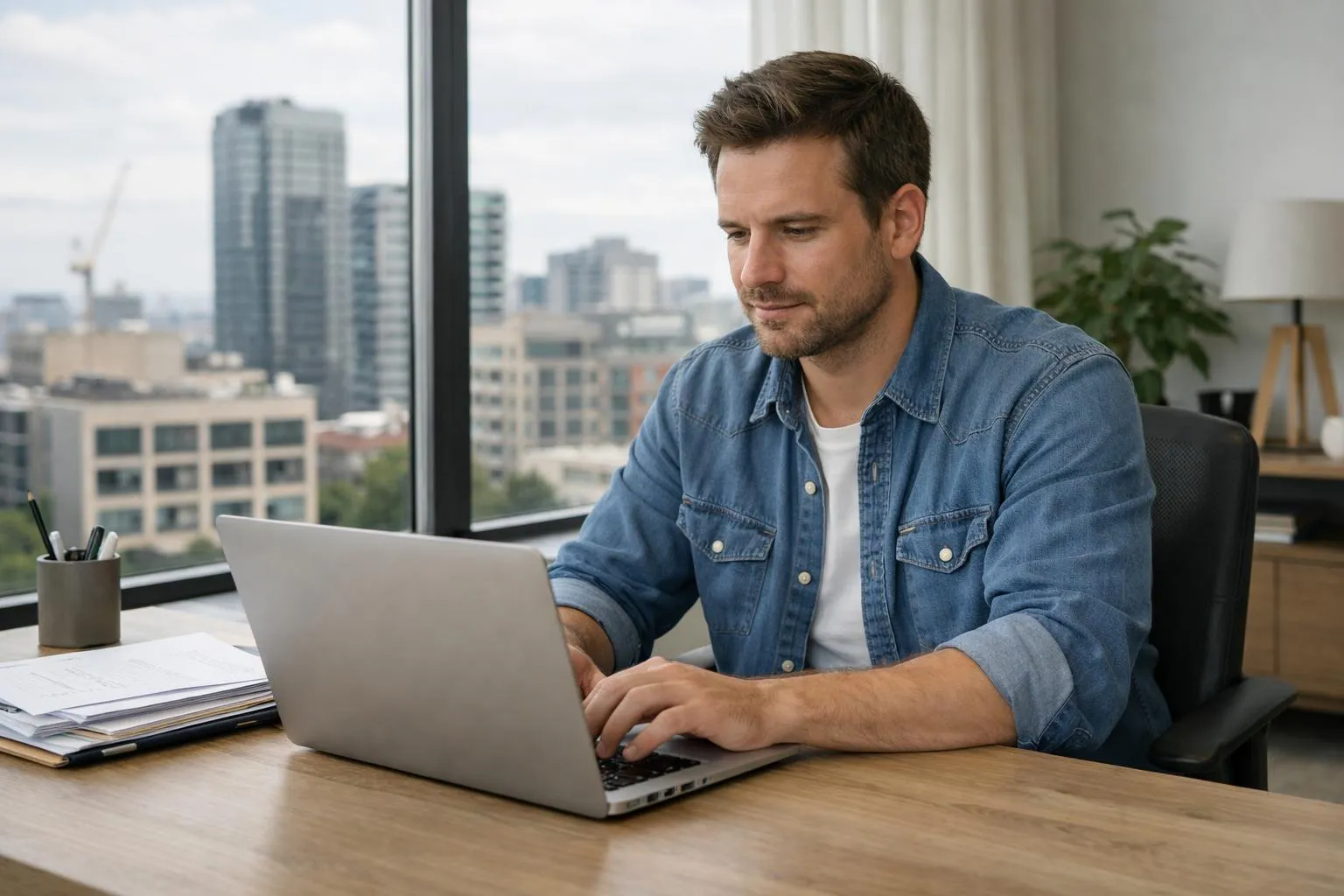 Homme travaillant sur un ordinateur portable dans un bureau avec vue sur la ville.