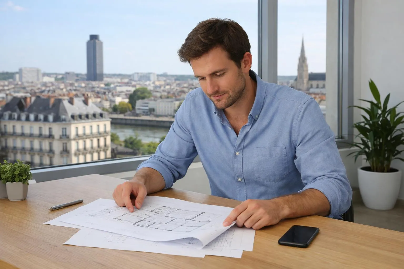 Homme en chemise bleue travaillant sur des plans d'architecture avec vue sur la ville.