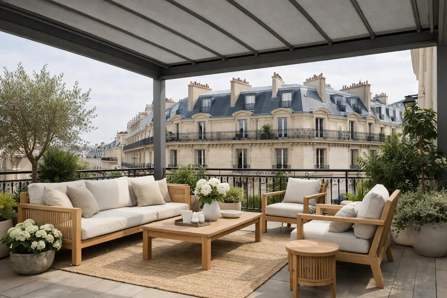 Terrasse couverte avec mobilier de jardin en bois et vue sur les toits parisiens.
