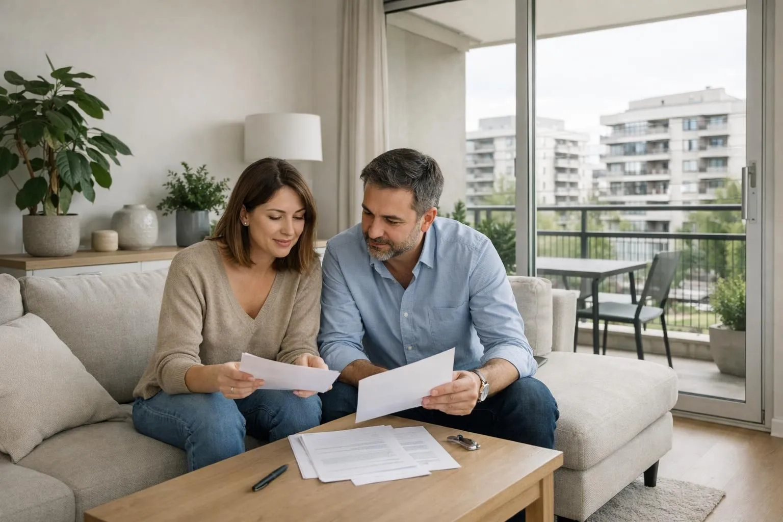 Appartement moderne rénové à Créteil avec salon lumineux donnant sur balcon, vue sur immeubles résidentiels contemporains en arrière-plan, couple trentenaire consultant des documents immobiliers sur table basse, calculatrice et brochure investissement locatif visibles, ambiance sereine et professionnelle, lumière naturelle douce, tons beige et gris clair, plantes vertes d