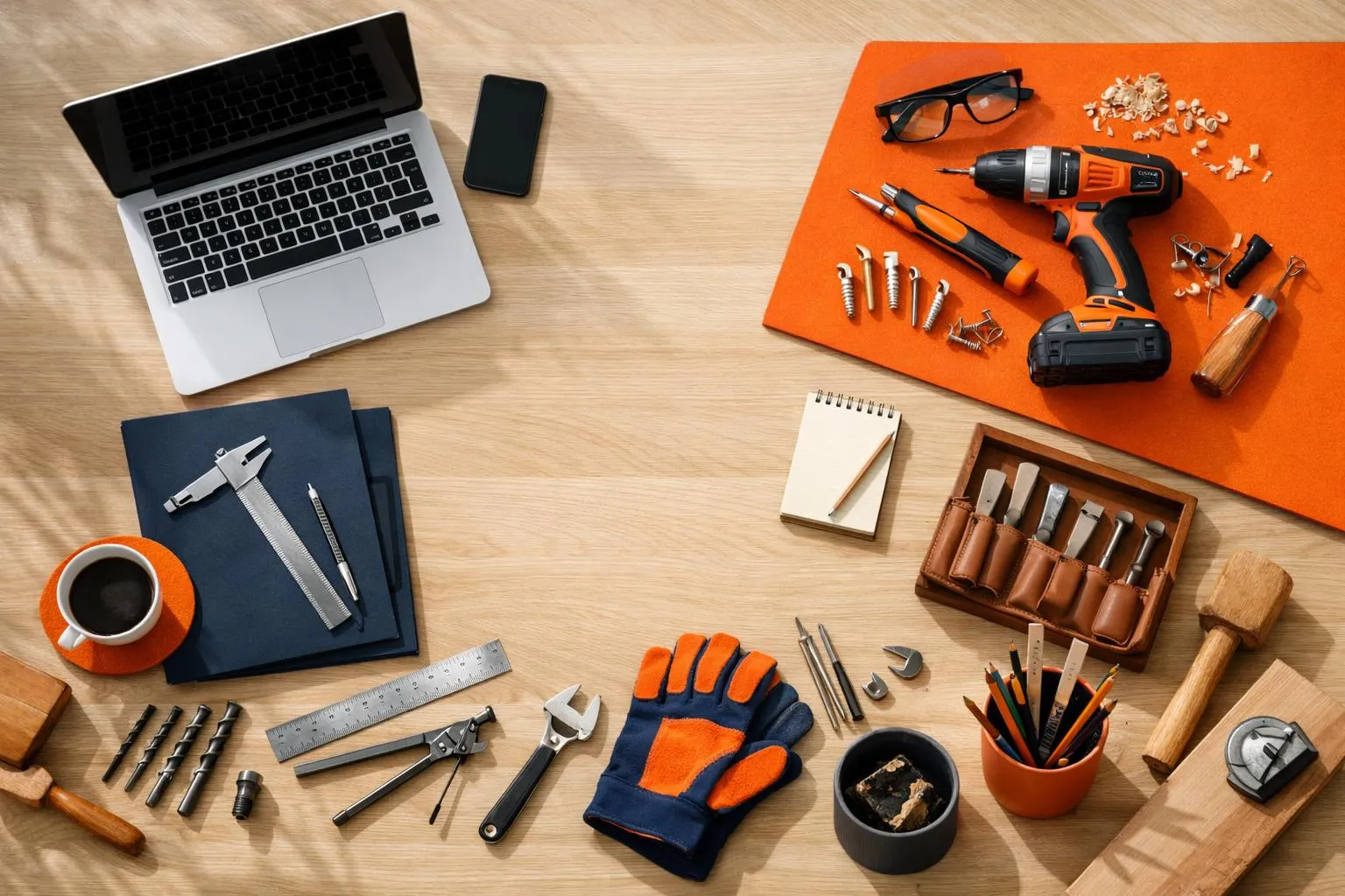 Laptop, tools, hardware, workspace, organized, productive, DIY, construction, workshop.