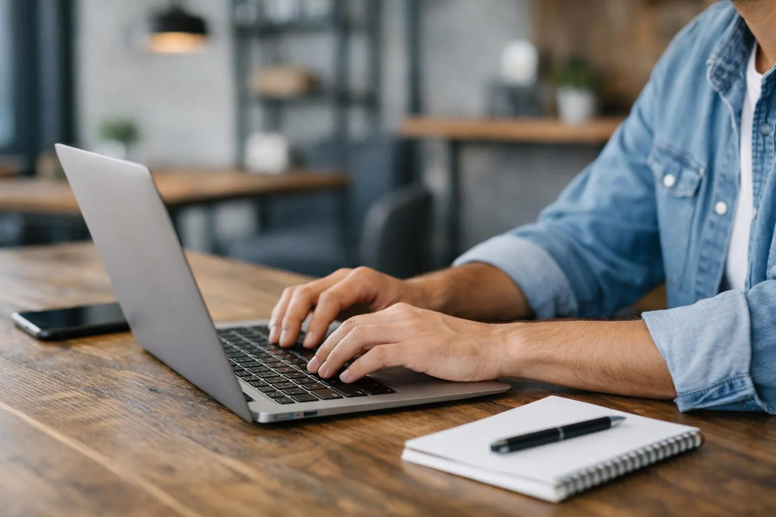 Person typing on laptop in a cozy workspace.